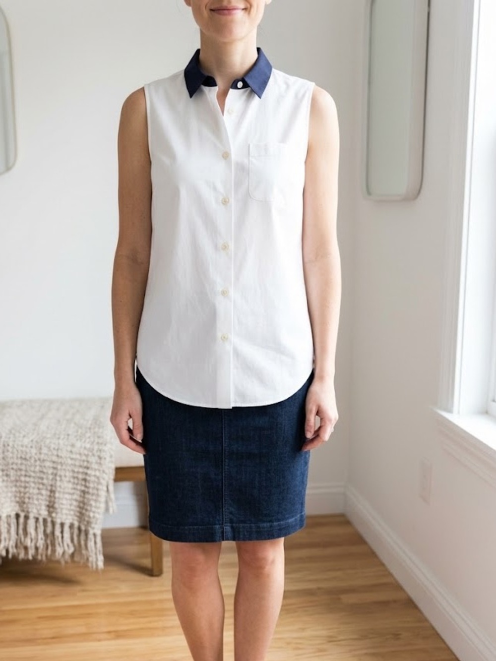 kate spade White Shirt with Navy Collar Detail